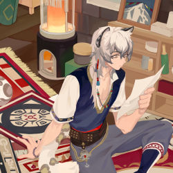 Rule 34 | 1boy, animal ear fluff, animal ears, arknights, bead bracelet, bead necklace, beads, belt, blue shirt, book, bookshelf, bottle, bowl, bracelet, carpet, closed mouth, collarbone, commentary request, earrings, favilia, grey eyes, grey hair, grey pants, hand up, heater, indoors, jewelry, leopard ears, leopard tail, long hair, low neckline, male focus, multicolored hair, necklace, pants, paper, picture frame, reading, shirt, short sleeves, silverash (arknights), single earring, sitting, solo, streaked hair, tail, white hair, wooden floor