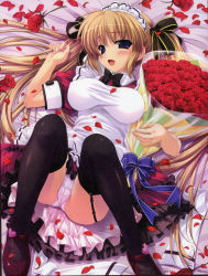 Rule 34 | 1girl, :d, bed, blonde hair, blue eyes, blush, bouquet, bow, breasts, cameltoe, covered erect nipples, flower, garter straps, hair ribbon, heart, highres, large breasts, long hair, lying, maid, maid headdress, mary janes, on back, open mouth, panties, petals, polka dot, polka dot panties, red rose, ribbon, rose, rose petals, shintarou, shoes, smile, solo, thighhighs, twintails, underwear, very long hair