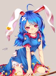 Rule 34 | 1girl, ahoge, animal ears, bandaid, bloomers, blue dress, blue hair, rabbit ears, chikuwa savy, closed mouth, commentary request, crescent, cuts, dress, earclip, highres, injury, long hair, looking at viewer, multi-tied hair, puffy short sleeves, puffy sleeves, red eyes, seiran (touhou), short sleeves, simple background, sitting, solo, star (symbol), torn clothes, torn dress, touhou, twitter username, underwear