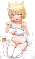 Rule 34 | 1boy, 1girl, 1nilla&#039;, :d, animal ears, bare shoulders, bed sheet, bikini, breasts, camera, cat ears, cat lingerie, cat tail, cleavage, cleavage cutout, clothed female nude male, clothing cutout, collarbone, fang, flower, genshin impact, hair flower, hair ornament, highres, holding, holding camera, lumine (genshin impact), medium breasts, meme attire, navel, nude, open mouth, orange hair, panties, paw pose, seiza, side-tie panties, sidelocks, simple background, sitting, smile, swimsuit, tail, taking picture, tartaglia (genshin impact), thighhighs, thought bubble, thumbs up, underwear, white background, white thighhighs, yellow eyes