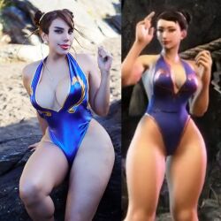 Rule 34 | 1girl, 3d, alternate costume, ass, barefoot, blue one-piece swimsuit, breasts, capcom, chilean (nationality), chun-li, chun-li (cosplay), cleavage cutout, clothing cutout, comparison, cosplay, curvy, day, double bun, earrings, hair bun, highleg, highleg swimsuit, highres, jewelry, large breasts, lips, looking at viewer, missyle fg, one-piece swimsuit, photo (medium), real life, sitting, smile, solo, standing, street fighter, sunglasses, swimsuit, third-party edit, water, wide hips