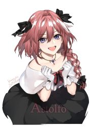 Rule 34 | &gt;:d, 1boy, :d, artist name, astolfo (fate), blush, braid, character name, clenched hands, collarbone, dated, dress, fang, fate/apocrypha, fate (series), gloves, hair ribbon, highres, jewelry, kurono yuu, long hair, looking at viewer, male focus, necklace, open mouth, pink hair, purple eyes, ribbon, signature, single braid, smile, solo, trap, v-shaped eyebrows, white gloves