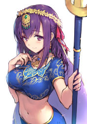 Rule 34 | 1girl, breasts, crop top, earrings, fate/grand order, fate (series), flower, hair flower, hair ornament, haoni, indian clothes, jewelry, large breasts, long hair, looking at viewer, matou sakura, midriff, navel, necklace, parvati (fate), polearm, purple eyes, purple hair, shirt, simple background, sketch, solo, tareme, taut clothes, taut shirt, weapon, white background