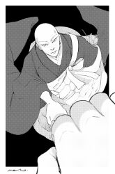 Rule 34 | 1boy, 1other, alternate form, bald, border, commentary, from above, greyscale, hand on another&#039;s hand, highres, houseki no kuni, japanese clothes, kesa, kimono, kongou sensei, lililin, long sleeves, looking at viewer, looking up, monk, monochrome, out of frame, outside border, pov, pov hands, reaching, reaching towards viewer, shiro (houseki no kuni), signature, simple background, size difference, solo focus, wide sleeves
