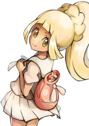 Rule 34 | 1girl, :&gt;, backpack, bag, blonde hair, closed mouth, commentary request, creatures (company), eyelashes, floating hair, game freak, green eyes, highres, holding strap, kisama (0213), lillie (pokemon), long hair, looking at viewer, looking back, nintendo, pleated skirt, poke ball, poke ball (basic), pokemon, pokemon sm, ponytail, shirt, short sleeves, simple background, skirt, smile, solo, white background, white skirt