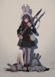 Rule 34 | 1girl, 7wata himori, animal ear headwear, animal ears, bag, black dress, blood, bolt action, bow, bowtie, brown hair, closed mouth, dead animal, dress, electrical outlet, expressionless, fake animal ears, fate/prototype, fate/prototype: fragments of blue and silver, fate (series), full body, gun, highres, holding, holding gun, holding weapon, long hair, looking at viewer, mittens, rabbit, rabbit ears, red bow, red bowtie, red eyes, reiroukan misaya, rifle, shadow, simple background, solo, weapon