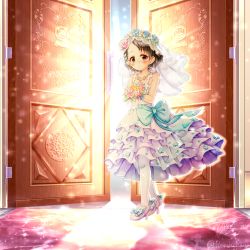 Rule 34 | 1girl, backlighting, bare arms, bare shoulders, black hair, blue bow, blush, bouquet, bow, closed mouth, commentary request, dress, earrings, flower, grey eyes, high heels, highres, holding, holding bouquet, idolmaster, idolmaster cinderella girls, jewelry, layered dress, looking at viewer, open door, pantyhose, parted bangs, pink flower, pink footwear, pink rose, pleated dress, regular mow, rose, sasaki chie, shoes, smile, solo, veil, white dress, white pantyhose, yellow flower, yellow rose