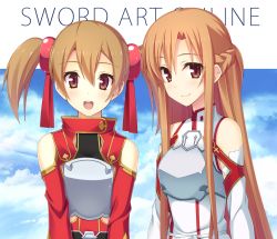 Rule 34 | 10s, 2girls, asuna (sao), brown eyes, brown hair, cloud, copyright name, day, ihara asta, long hair, looking at viewer, multiple girls, open mouth, short hair, silica, sky, smile, sword art online, twintails