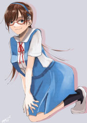 Rule 34 | 1girl, :3, absurdres, alternate costume, blue eyes, blue skirt, breasts, brown hair, closed mouth, commentary request, full body, glasses, hairband, highres, interface headset, kneeling, long hair, looking at viewer, makinami mari illustrious, medium breasts, neck ribbon, neon genesis evangelion, rebuild of evangelion, red-framed eyewear, red ribbon, ribbon, school uniform, shirt, short sleeves, simple background, skirt, smile, solo, suspender skirt, suspenders, tokyo-3 middle school uniform, twintails, white shirt, zero-boites