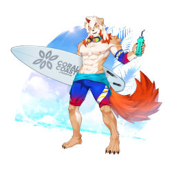 Rule 34 | 1boy, abs, animal ears, arknights, bara, bare pectorals, bare shoulders, black male swimwear, brown fur, bulge, dog boy, dog ears, dog tail, fluffy, full body, furry, furry male, goggles, goggles around neck, holding, holding surfboard, horns, hung (arknights), jammers, looking at viewer, male focus, male swimwear, medium hair, multicolored hair, navel, nipples, official style, orange eyes, orange hair, pectorals, single horn, sokimi (sosojovan), solo, stomach, streaked hair, surfboard, tail, thighs, toned, toned male, two-tone fur, white fur, white hair