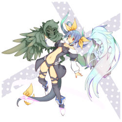 Rule 34 | 1girl, ankle boots, asymmetrical wings, blue hair, boots, breasts, center opening, choker, detached sleeves, dizzy (guilty gear), feathered wings, guilty gear, hair ribbon, highres, kneehighs, long hair, long sleeves, navel, necro (guilty gear), puffy long sleeves, puffy sleeves, red eyes, revealing clothes, ribbon, skull, socks, sorairo usagi, tail, tail ornament, tail ribbon, undine (guilty gear), wings