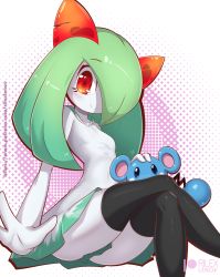 Rule 34 | 1girl, 1other, artist name, azurill, black thighhighs, blue eyes, blush, breasts, clothed pokemon, commentary, covered navel, creatures (company), crossed legs, dress, english commentary, feet out of frame, game freak, gen 3 pokemon, green hair, hair over one eye, kirlia, long hair, looking at viewer, nintendo, patreon logo, patreon username, pokemon, pokemon (creature), red eyes, rilex lenov, simple background, sitting, small breasts, smile, thighhighs, white dress