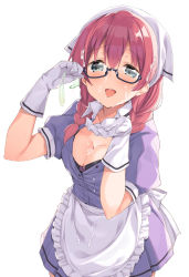 Rule 34 | 1girl, :d, amano miu, apron, black-framed eyewear, black bra, blend s, blue eyes, blush, bra, bra peek, braid, breasts, cleavage, condom, condom wrapper, cum, cum on body, cum on breasts, cum on clothes, cum on hair, cum on hands, cum on upper body, cum string, glasses, gloves, half-closed eyes, head scarf, highres, leaning forward, long hair, looking at viewer, medium breasts, minase shuu, one eye closed, open mouth, puffy short sleeves, puffy sleeves, red hair, short sleeves, simple background, smile, solo, stile uniform, twin braids, unbuttoned, unbuttoned shirt, underwear, waitress, white background, white gloves