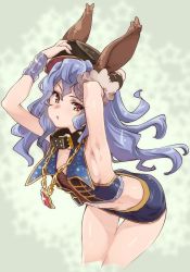 Rule 34 | 10s, 1girl, :o, adjusting clothes, adjusting headwear, animal ears, arched back, armpits, arms up, blue hair, brown eyes, rabbit ears, collar, cropped legs, erune, ferry (granblue fantasy), floating hair, granblue fantasy, hat, jewelry, long hair, looking at viewer, necklace, parted lips, pencil skirt, skirt, sleeveless, solo, thomasz