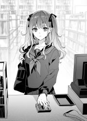 Rule 34 | 1girl, bag, bandaged fingers, bandages, barcode scanner, breasts, closed mouth, collarbone, commentary, condom box, counter, earrings, greyscale, hair ribbon, hanamiya takuya, indoors, jewelry, long hair, long sleeves, looking at viewer, monochrome, neckerchief, original, pleated skirt, puffy sleeves, ribbon, sailor collar, school bag, school uniform, serafuku, shop, sidelocks, skirt, small breasts, solo, stud earrings, twintails, two side up