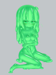 Rule 34 | 1girl, between legs, blush, breasts, closed mouth, colored sclera, completely nude, curss, embarrassed, flying sweatdrops, green eyes, green hair, green sclera, green theme, grey background, hand between legs, highres, long hair, looking at viewer, monster girl, navel, no nipples, nude, original, simple background, sitting, slime girl, small breasts, solo, wariza