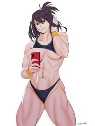 Rule 34 | 1girl, abs, absurdres, areola slip, artist name, bare shoulders, black eyes, black hair, black panties, black sports bra, boku no hero academia, breasts, cellphone, clothes lift, collarbone, commentary, covered erect nipples, english commentary, hair between eyes, hand in own hair, highres, holding, holding phone, large breasts, long hair, looking at viewer, mole, mole under mouth, muscular, muscular female, navel, panties, parted lips, phone, selfie, shibbunny, shimura nana, shirt lift, smartphone, solo, sports bra, stomach, sweat, thick thighs, thighs, underboob, underwear, white background, yellow wristband