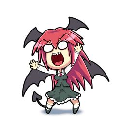 Rule 34 | 0 0, 1girl, animated, animated gif, bad google+ id, bad id, breasts, chibi, dancing, daniel renard, demon girl, demon tail, dress, dress shirt, hands up, head wings, koakuma, long hair, looping animation, lowres, medium breasts, necktie, o o, open mouth, outstretched arms, outstretched hand, parody, red eyes, red hair, sharp teeth, shirt, simple background, skirt, skirt set, solo, tail, teeth, toon (style), touhou, vest, white background, wings