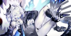 Rule 34 | 1girl, azur lane, blue eyes, blue tongue, breasts, cleavage, clothes lift, colored tongue, crossed legs, crotch plate, dress, dress lift, fangs, fingernails, hair between eyes, hair intakes, highres, horns, jacket, kneepits, long fingernails, looking at viewer, mechanical foot, mechanical tail, messy hair, no panties, omitter (azur lane), pale skin, short hair, silver hair, siren (azur lane), omitter (azur lane), small breasts, solo, tail, tight clothes, tight dress, tongue, tongue out, waterswing