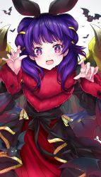 Rule 34 | 1girl, bad id, bad twitter id, blush, bright pupils, dragon girl, dragon wings, dress, fire emblem, fire emblem: the sacred stones, fire emblem heroes, halloween, highres, long hair, looking at viewer, multi-tied hair, myrrh (fire emblem), nintendo, open mouth, purple hair, red eyes, ringozaka mariko, simple background, solo, twintails, wings