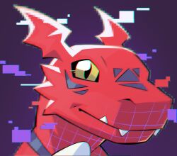 Rule 34 | absurdres, close-up, colored skin, dark background, digimon, digimon (creature), dinosaur, facial mark, glitch, gradient background, guilmon, highres, looking at viewer, red skin, sharp teeth, slit pupils, teeth, tillo (digitaltillo), wireframe, yellow eyes
