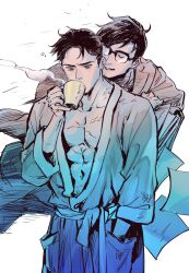 Rule 34 | 2boys, abs, bara, batman (series), bruce wayne, clark kent, closed eyes, coat, cup, dc comics, glasses, haining, hand in pocket, holding, holding cup, large pectorals, male focus, multiple boys, muscular, muscular male, navel, pectorals, short hair, simple background, smile, superman (series), white background, yaoi