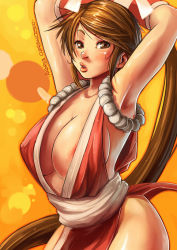 Rule 34 | 1girl, andrewcockroach, areola slip, armpits, arms up, bad deviantart id, bad id, breasts, brown hair, center opening, cleavage, fatal fury, female focus, large breasts, lips, long hair, ninja, nose, pelvic curtain, ponytail, revealing clothes, shiranui mai, side slit, sideboob, snk, solo, the king of fighters
