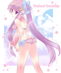 Rule 34 | 1girl, alternate hairstyle, ass, bad id, bad pixiv id, bikini, blush, crescent, crescent hair ornament, female focus, from behind, hair ornament, hat, long hair, looking back, morita gurutamin, patchouli knowledge, ponytail, purple eyes, purple hair, solo, striped bikini, striped clothes, swimsuit, touhou, vertical-striped bikini, vertical-striped clothes, very long hair