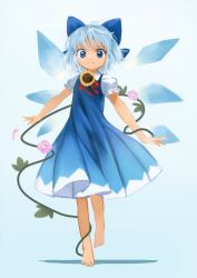 Rule 34 | 1girl, barefoot, blue background, blue bow, blue dress, blue eyes, blue hair, bow, cirno, dress, flower, frilled sleeves, frills, full body, gradient background, hair bow, hidden star in four seasons, highres, ice, ice wings, looking at viewer, morning glory, puffy short sleeves, puffy sleeves, short hair, short sleeves, smile, solo, suna (s73d), sunflower, tan, tanned cirno, touhou, walking, wings