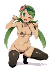 Rule 34 | 1girl, ;d, bikini, black bikini, black thighhighs, breasts, clenched hands, commentary request, creatures (company), dark-skinned female, dark skin, flower, full body, game freak, green eyes, green hair, hair flower, hair ornament, highres, long hair, looking at viewer, mallow (pokemon), medium breasts, micro bikini, navel, nintendo, one eye closed, open mouth, paw pose, pokemon, pokemon sm, revision, simple background, smile, swimsuit, thighhighs, tottotonero, twintails, white background