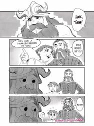 Rule 34 | 1girl, 2boys, ?, aimoahmed, artist name, beard, blackwall, character request, comic, crossover, dragon age, dragon age: inquisition, dungeon meshi, dwarf, english text, facial hair, fake horns, greyscale, heart, helmet, highres, horned helmet, horns, long beard, looking ahead, monochrome, multiple boys, mustache, patreon username, pointing, senshi (dungeon meshi), sideways glance, speech bubble, spoken question mark, thick mustache, third-party source, very long beard, watermark, web address