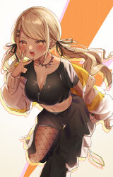 Rule 34 | 1girl, absurdres, black pants, black ribbon, black shirt, blonde hair, breasts, cleavage, crop top, dark-skinned female, dark skin, earrings, fang, fishnet pantyhose, fishnets, gyaru, hair ornament, hair ribbon, heart, heart-shaped pupils, highres, jacket, jewelry, kaminari qpi, long hair, looking at viewer, low twintails, medium breasts, multicolored clothes, multicolored jacket, navel, necklace, off shoulder, open clothes, open jacket, orange eyes, orange nails, pants, pantyhose, pome charo, ribbon, shirt, solo, swept bangs, symbol-shaped pupils, tooth necklace, torn clothes, torn pants, twintails, two-tone jacket, v, v over mouth, very long hair, virtual youtuber, vspo!, white jacket, x hair ornament, yellow jacket, zipper, zipper pull tab