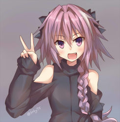 Rule 34 | 1boy, :d, arm at side, astolfo (fate), bare shoulders, black bow, black shirt, blush, bow, braid, clothing cutout, eyelashes, fang, fate/apocrypha, fate (series), hair between eyes, hair bow, hair intakes, hair ornament, hair over shoulder, hair ribbon, hand up, kurokage, long hair, looking at viewer, male focus, open mouth, pink hair, purple eyes, purple hair, ribbon, shirt, shoulder cutout, single braid, smile, solo, standing, trap, turtleneck, twitter username, upper body, v, very long hair