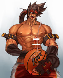 Rule 34 | 1boy, abs, ahegao, alternate costume, ball, bar censor, bara, bare pectorals, basketball, basketball uniform, brown hair, censored, commission, cowboy shot, cum, ejaculation, erection, fingerless gloves, from below, gloves, guilty gear, headgear, holding, holding ball, large pectorals, long hair, male focus, muscular, na insoo, navel, nipples, pectorals, penis, ponytail, shiny skin, simple background, sol badguy, solo, spiked hair, sportswear, tongue, tongue out, yellow eyes
