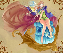 Rule 34 | 1girl, armor, barefoot, belt, blonde hair, cape, ceda (dace), circlet, deedlit, elf, green eyes, long hair, open mouth, pauldrons, pointy ears, record of lodoss war, shoulder armor, sitting, smile, sylph, very long hair, wind