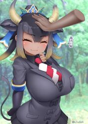 Rule 34 | :3, animal ears, black hair, black jacket, black shirt, black skirt, blonde hair, blush, closed eyes, collared shirt, commentary request, cow ears, cow girl, cow horns, crown, disembodied hand, elbow gloves, extra ears, fingerless gloves, gloves, goshingyu-sama (kemono friends), gradient hair, hand on another&#039;s head, headpat, highres, horns, jacket, kemono friends, multicolored hair, necktie, pleated skirt, red necktie, shirt, short hair, short sleeves, sidelocks, skirt, smile, translation request, two-tone hair, two-tone necktie, white necktie, yonkuron