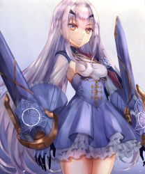 Rule 34 | 1girl, armor, blue dress, breasts, brown eyes, dress, melusine (fate), melusine (second ascension) (fate), fate/grand order, fate (series), forked eyebrows, frills, highres, long hair, long sleeves, looking at viewer, sidelocks, small breasts, thighhighs, thighs, torottye, white hair
