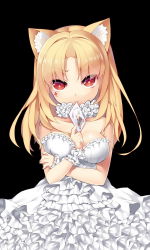 Rule 34 | 1girl, 3:, animal ears, arm between breasts, bare shoulders, between breasts, black background, blonde hair, breasts, card, cat ears, cat girl, crossed arms, dress, facial mark, female focus, frilled dress, frills, gathers, highres, long hair, looking at viewer, open \m/, original, pixiv fantasia, pixiv fantasia new world, red eyes, saru, simple background, solo, tattoo, too many, vivi (saru), white dress, wrist cuffs