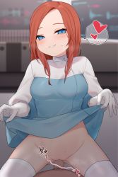 Rule 34 | 1girl, animification, apex legends, ashleigh reid, blue eyes, blush, clothed sex, clothes lift, gloves, happy sex, heart, highres, long hair, nagoooon 114, naughty face, red hair, seamed gloves, sex, skirt, skirt lift, smile, spoken heart, sweat, thighhighs, vaginal, white gloves, white thighhighs