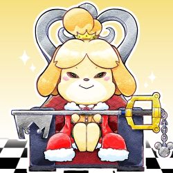 Rule 34 | 1girl, :&gt;, animal crossing, animal ears, animal nose, barefoot, blonde hair, blush stickers, body fur, buttons, cape, cardigan, chair, checkered floor, closed eyes, closed mouth, crown, dog ears, dog girl, facing viewer, female focus, flat chest, full body, fur-trimmed cape, fur trim, furry, furry female, gradient background, green skirt, hands up, happy, holding, holding weapon, indoors, isabelle (animal crossing), jacket, jimuin ao, jpeg artifacts, keyblade, kingdom hearts, kingdom key, legs together, long sleeves, mini crown, miniskirt, multicolored hair, neck ribbon, nintendo, on chair, orange cardigan, orange jacket, outline, parted bangs, red cape, red ribbon, ribbon, short hair, simple background, sitting, skirt, smile, solo, sparkle, straight-on, super smash bros., textless version, throne, topknot, two-tone fur, two-tone hair, weapon, white fur, white outline, yellow background, yellow fur, yellow headwear