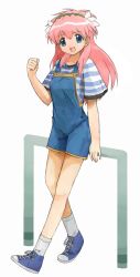 Rule 34 | 00s, 1girl, :d, alternate costume, bad id, bad pixiv id, blue eyes, contemporary, galaxy angel, long hair, milfeulle sakuraba, nyama, open mouth, overalls, pink hair, shirt, shoes, smile, sneakers, solo, striped clothes, striped shirt