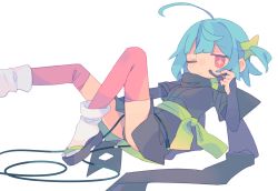 Rule 34 | 1girl, 3;, ahoge, black neckwear, blue hair, bright pupils, closed mouth, daizu (melon-lemon), diamond-shaped pupils, diamond (shape), hair ornament, hand up, japanese clothes, jitome, legs up, looking at viewer, lying, microphone, no nose, on back, one eye closed, original, pink eyes, pink thighhighs, sandals, sash, scarf, short hair, short sleeves, simple background, solo, symbol-shaped pupils, tabi, thighhighs, white background