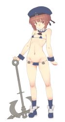 Rule 34 | 10s, 1girl, adapted costume, anchor, bad id, bad nijie id, bare legs, bare shoulders, beret, bikini, blush, boots, brown eyes, brown hair, clothes writing, flat chest, full body, groin, hat, kantai collection, loincloth, micro bikini, nakadori (movgnsk), navel, short hair, simple background, solo, standing, swimsuit, white background, wrist cuffs, z3 max schultz (kancolle)