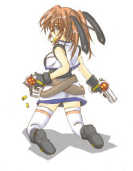 Rule 34 | 00s, 1girl, casing ejection, cross mirage, dual wielding, from behind, gloves, gun, holding, lyrical nanoha, magical girl, mahou shoujo lyrical nanoha, mahou shoujo lyrical nanoha strikers, shell casing, solo, teana lanster, thighhighs, twintails, weapon, zero point