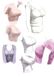 Rule 34 | blouse, breasts, cleavage, kaisen chuui, large breasts, long sleeves, medium breasts, multiple views, original, purple shirt, shirt, short sleeves, sketch, sweater, t-shirt, torso, turtleneck, turtleneck sweater, v-neck, white background, white shirt