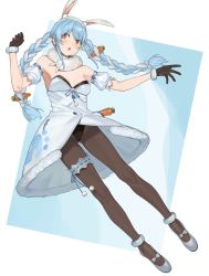 Rule 34 | 1girl, animal ear fluff, animal ears, arm garter, arm up, blue hair, bow, braid, breasts, bridal garter, carrot, carrot hair ornament, cleavage, coat, food-themed hair ornament, gloves, hair bow, hair ornament, hand up, highres, hololive, leotard, long hair, looking at viewer, multicolored hair, pantyhose, playboy bunny, r u i (s 1cll), rabbit ears, red eyes, ribbon, scarf, solo, standing, standing on one leg, twin braids, two-tone hair, usada pekora, usada pekora (1st costume), virtual youtuber, white bow, white coat, white hair