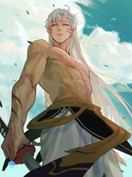 Rule 34 | 1boy, abs, artist name, closed mouth, cloud, cloudy sky, commentary, cowboy shot, facial mark, falling leaves, forehead mark, highres, holding, holding sword, holding weapon, inuyasha, katana, leaf, long hair, looking at viewer, male focus, mmmilk, nipples, outdoors, pants, pectorals, sesshoumaru, sky, sword, topless male, weapon, whisker markings, white hair, white pants, yellow eyes