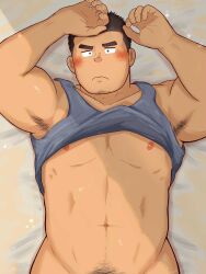 Rule 34 | 1boy, armpit hair, arms up, bara, bare pectorals, black hair, blush, clothes lift, dark-skinned male, dark skin, embarrassed, facial hair, from above, goatee stubble, grey tank top, highres, light rays, looking at viewer, lying, male focus, muscular, muscular male, navel hair, nipples, on back, on bed, original, pectorals, shirt lift, short hair, solo, strongman waist, stubble, tank top, thick eyebrows, upper body, wada terunosuke