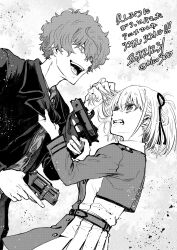 Rule 34 | 1boy, 1girl, 2022, 2023, angry, belt, clenched teeth, clothes grab, coat, copyright name, dress, dutch angle, grabbing another&#039;s hair, greyscale, gun, handgun, height difference, highres, laughing, looking at another, lycoris recoil, lycoris uniform, majima (lycoris recoil), monochrome, nico (hero300), nishikigi chisato, open mouth, pleated dress, pointing gun, teeth, trigger discipline, twitter username, weapon