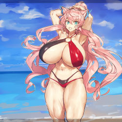 Rule 34 | 1girl, alternate breast size, aqua eyes, arms up, bikini, breasts, cleavage, highres, huge breasts, layered bikini, long hair, looking at viewer, maria cadenzavna eve, melon22, o-ring, o-ring top, outdoors, pink hair, senki zesshou symphogear, shiny skin, skindentation, solo, standing, stomach, swimsuit, thighs, toned, very long hair, wet